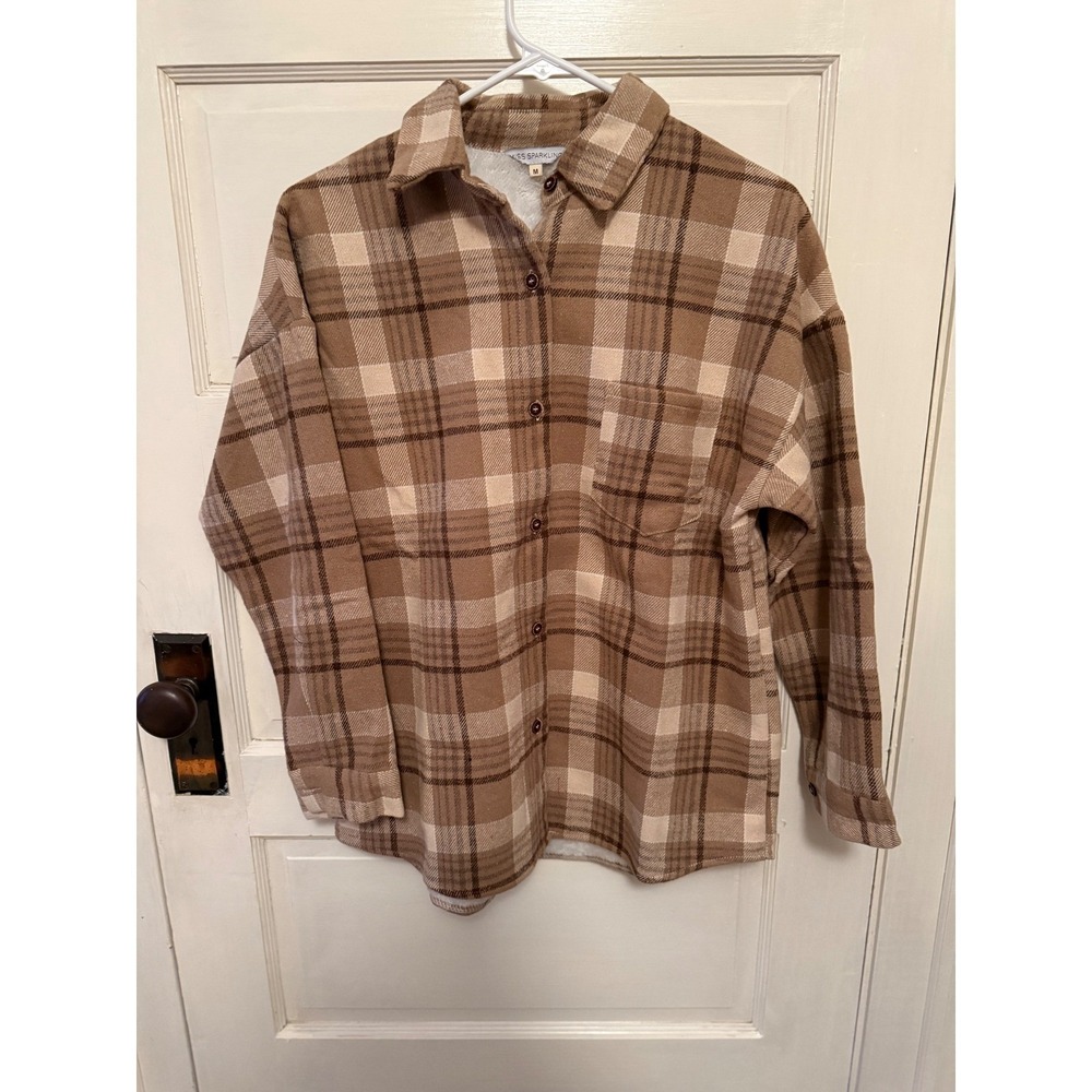 Miss Sparkling Plaid Flannel Shirt Jacket Women's Size Small Brown Beige Cozy